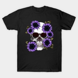 floral skull, cool skull, violet sunflowers skull mask face T-Shirt